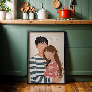 Boho Modern Printable Wall Art – Minimalist Hand-Painted Couple Embrace with Beige Background | Best Seller