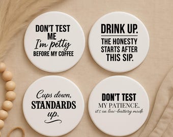 Funny Coffee Coaster Set • Petty Before Coffee • Ceramic Cork Coasters