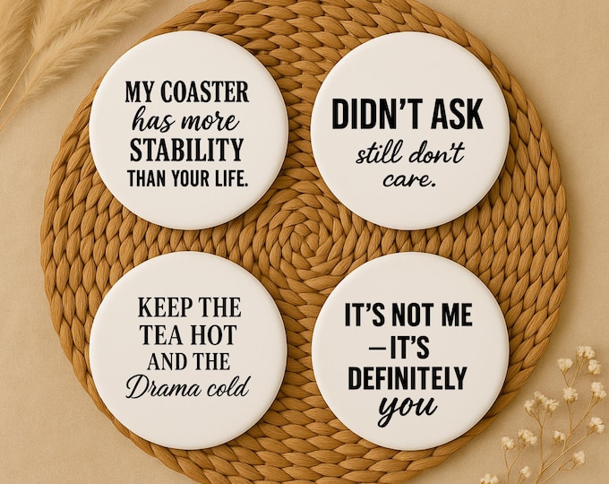 Featured listing image: Savage Petty Coaster Set • Brutally Honest Quotes • Funny Ceramic Coasters