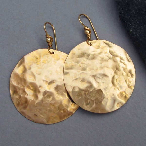 Large Gold Disc Earrings Hammered Brass Earrings Artisan Handmade Jewelry Metal Modern Tribal Earrings