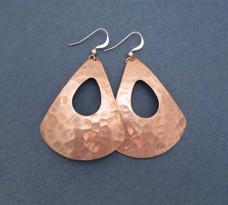 Large Hammered Copper Earrings Teardrop Triangle Dangles Modern 7th Anniversary Gift for Wife