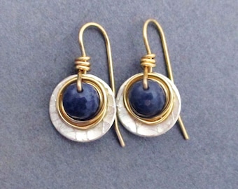 Genuine Blue Sapphire Earrings Sterling Silver and Gold Filled Mixed Metal Small Dangles 5th Anniversary Gift for Wife September Birthstone