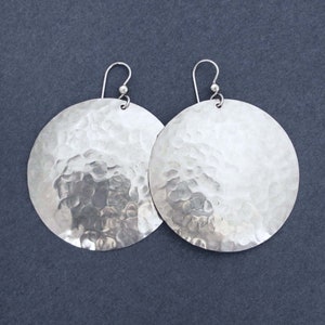 Large Shiny Sterling Silver Disc Earrings Big Round Dangles Hammered Metal image 7