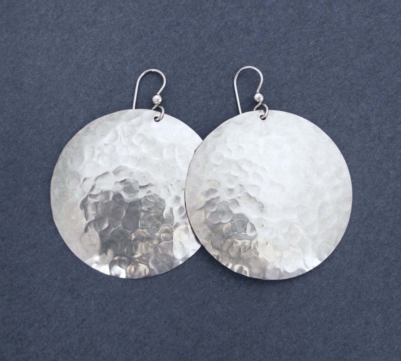 Large Shiny Sterling Silver Disc Earrings Big Round Dangles Hammered Metal image 7