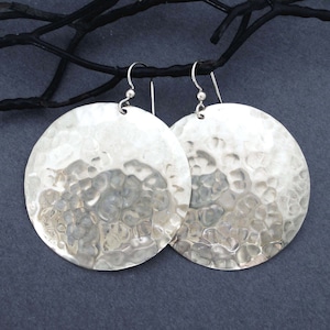 Large Shiny Sterling Silver Disc Earrings Big Round Dangles Hammered Metal image 1