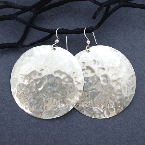 Large Shiny Sterling Silver Disc Earrings Big Round Dangles Hammered Metal