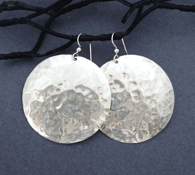 Large Shiny Sterling Silver Disc Earrings Big Round Dangles Hammered Metal image 1