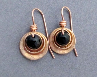 Black Tourmaline and Bronze Earrings Small Dangles 8th Anniversary Gift for Wife