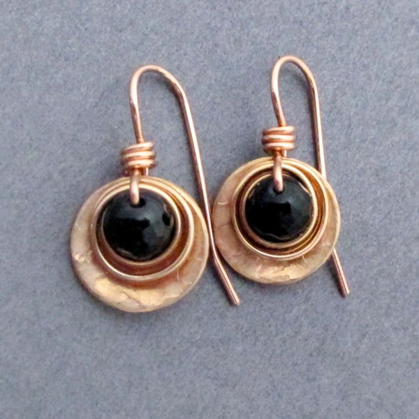 Black Tourmaline and Bronze Earrings Small Dangles 8th Anniversary Gift for Wife