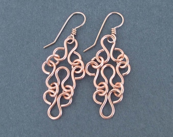 Copper Filigree Earrings Long Dangles Artisan Handmade Modern 7th Anniversary Gift for Wife