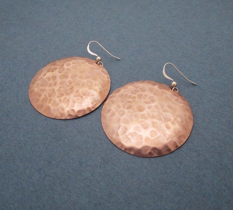 Large Copper Disc Earrings Round Hammered Copper Dangles Etsy