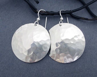 Shiny Hammered Silver Sterling Disc Earrings Round Dangles Artisan Modern Jewelry