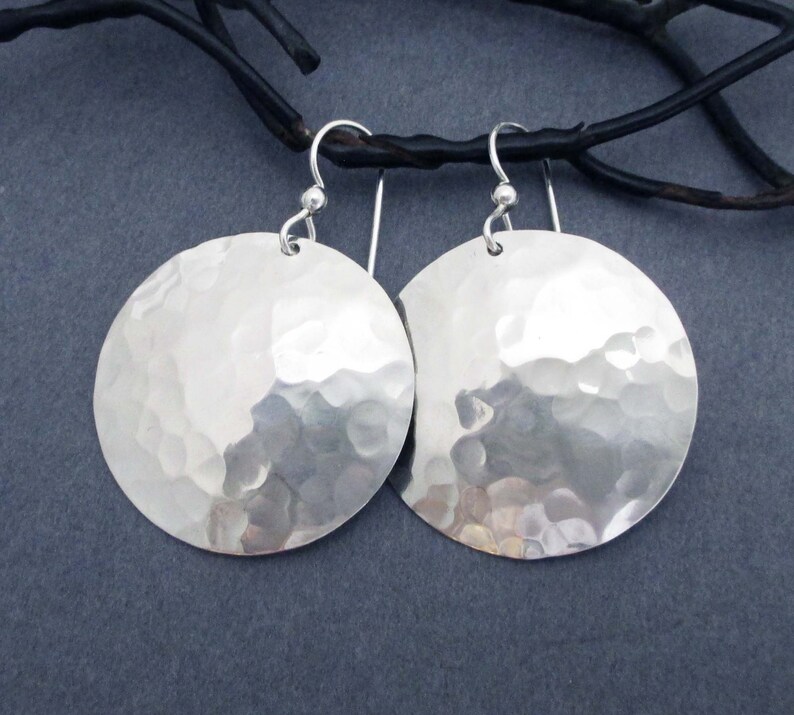 Shiny Hammered Silver Sterling Disc Earrings Round Dangles Etsy