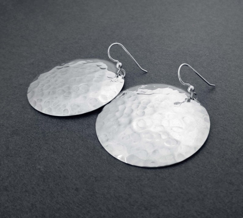 Large Shiny Sterling Silver Disc Earrings Big Round Dangles Hammered Metal image 3