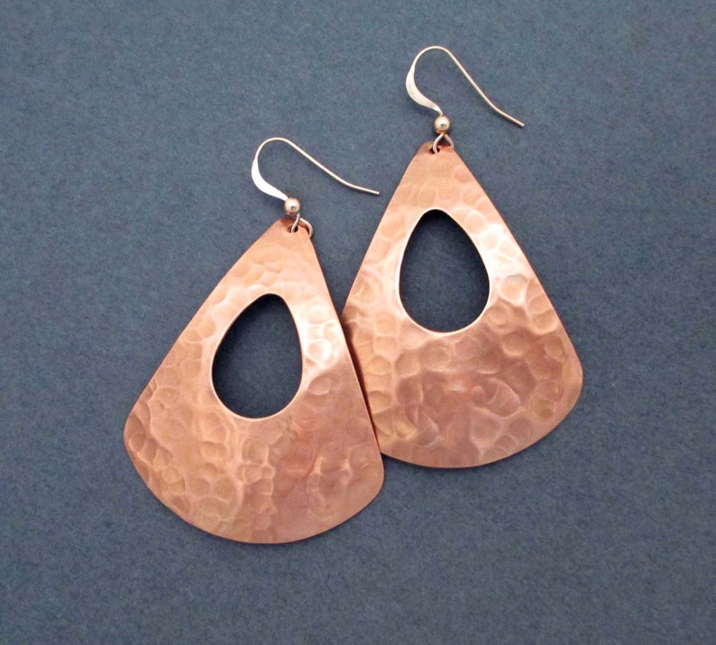 Large Hammered Copper Earrings Teardrop Triangle Dangles Modern 7th Anniversary Gift for Wife