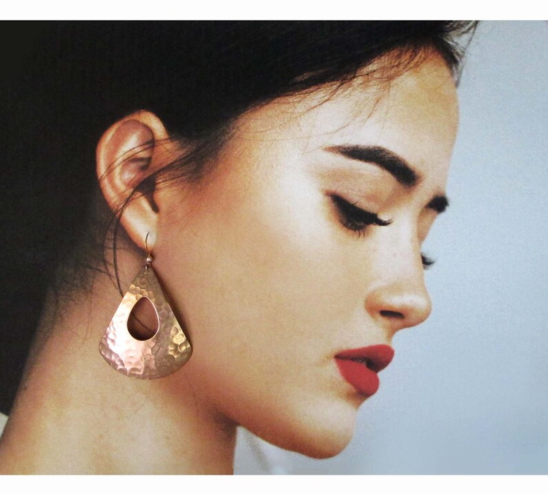 Large Hammered Copper Earrings Teardrop Triangle Dangles Modern 7th Anniversary Gift for Wife