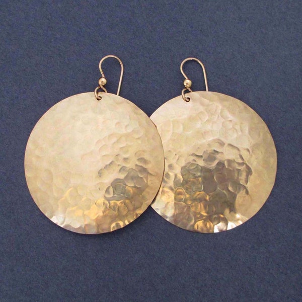 Large 14k Gold Filled Round Earrings Hammered Disc Dangles Artisan Handmade