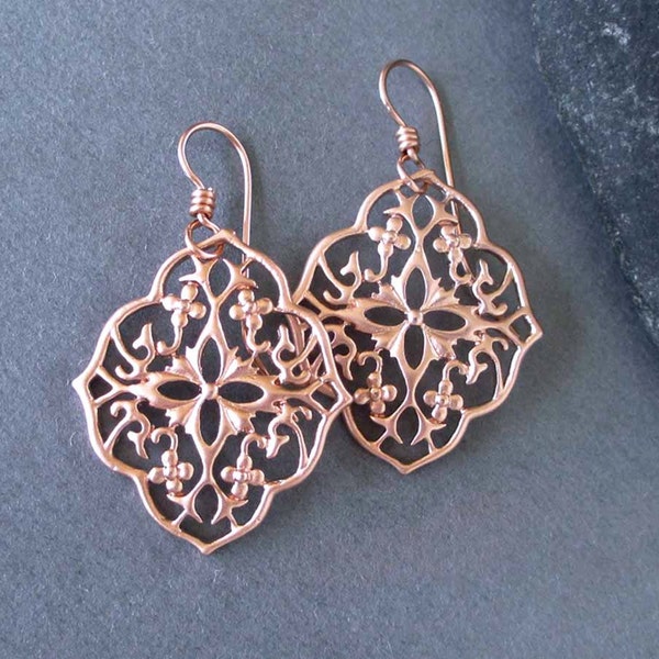 Pink Gold Filled Filigree Earrings Rose Gold Tone Dangle Earrings Metal Lace Earrings Handmade Jewelry