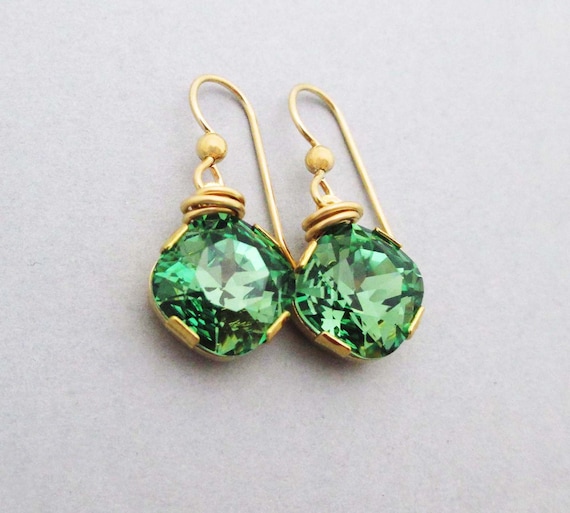 SeventhWillow Sparkly Green Crystal and Gold Earrings Square Dangles St Patricks Day Cocktail Party Earrings