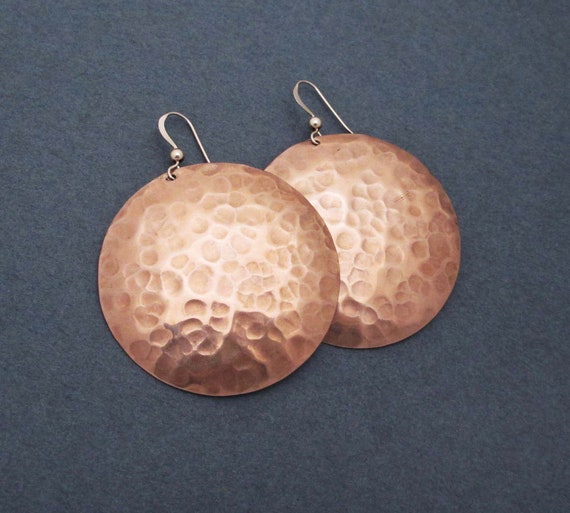Large Copper Disc Earrings Round Hammered Copper Dangles Etsy