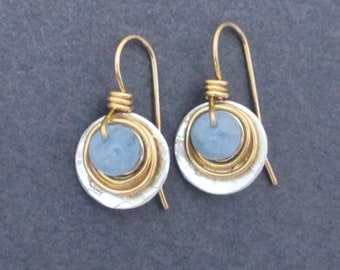 Genuine Aquamarine Earrings Mixed Metal Silver Gold Filled Small Drop Dangles Opaque Blue Real Aquamarine March Birthstone Gift