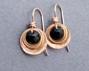 Black Tourmaline and Bronze Earrings Small Dangles 8th Anniversary Gift for Wife