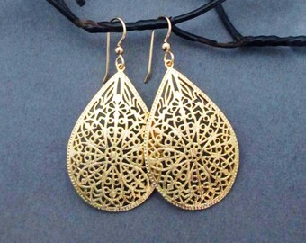 Large Gold Filigree Earrings Gold Teardrop Dangle Earrings with Gold Filled Ear Wires Handmade Arabesque Marrakech Moroccan Jewelry