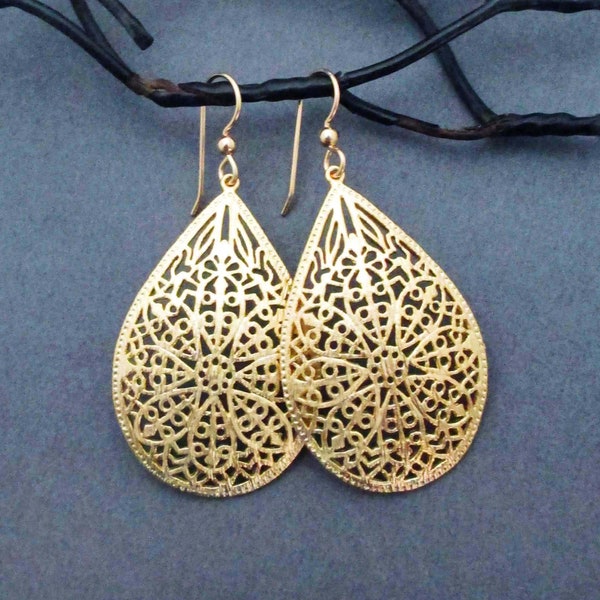 Large Gold Filigree Earrings Gold Teardrop Dangle Earrings with Gold Filled Ear Wires Handmade Arabesque Marrakech Moroccan Jewelry