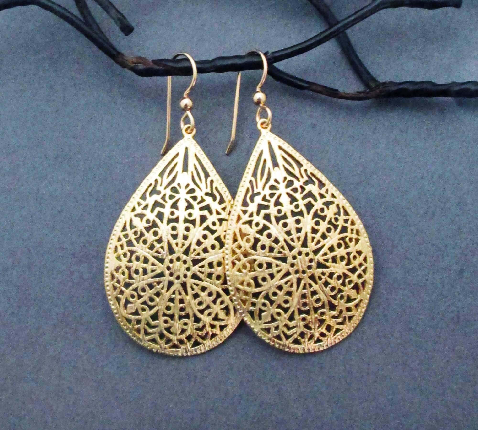 Large Gold Filigree Earrings Gold Teardrop Dangle Earrings With
