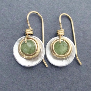 Genuine Peridot Earrings Mixed Metal Silver and Gold Small Drop Dangles August Birthstone 16th Anniversary Gift for Wife Green Real Peridot