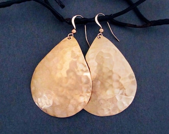 Big Bronze Teardrop Earrings Hammered Dangles Modern 8th or 19th Anniversary Gift for Wife