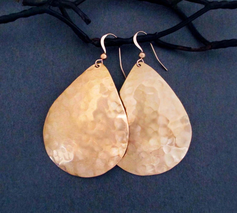 Big Bronze Teardrop Earrings Hammered Dangles Modern 8th or 19th Anniversary Gift for Wife image 1