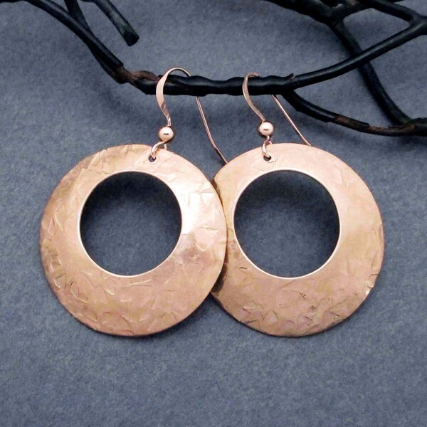 Hammered Bronze Hoop Earrings Round Dangles 8th or 19th Bronze Anniversary Gift for Wife