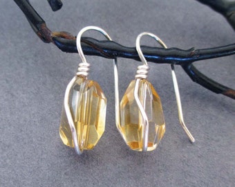 Real Citrine Earrings with Sterling Silver Wire Wrap Genuine Citrine Nugget Minimalist Small Drop Earrings November Birthstone Gift