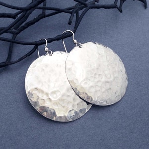 Large Shiny Sterling Silver Disc Earrings Big Round Dangles Hammered Metal image 5