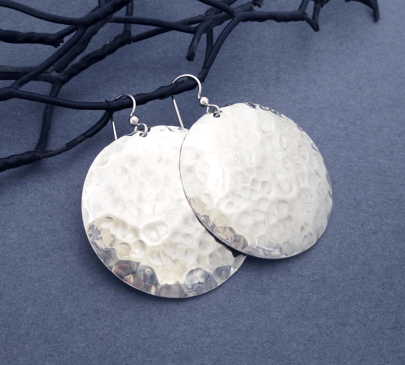 Large Shiny Sterling Silver Disc Earrings Big Round Dangles Hammered Metal image 5