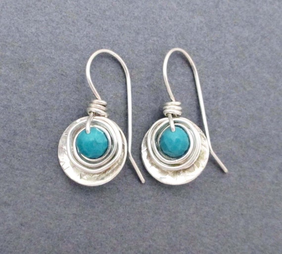 Real Blue/Green Turquoise Gemstone Cream Crystal Pearl & Sterling Silver Drop Earrings with Gift Box