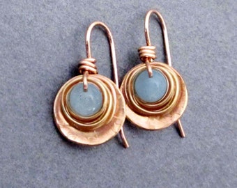 Genuine Aquamarine and Bronze Earrings Small Dangles Unique Modern 19th Anniversary Gift for Wife | March Birthstone