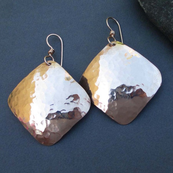 Hammered Bronze Earrings Square Dangles Modern 8th or 19th Bronze Anniversary Gift