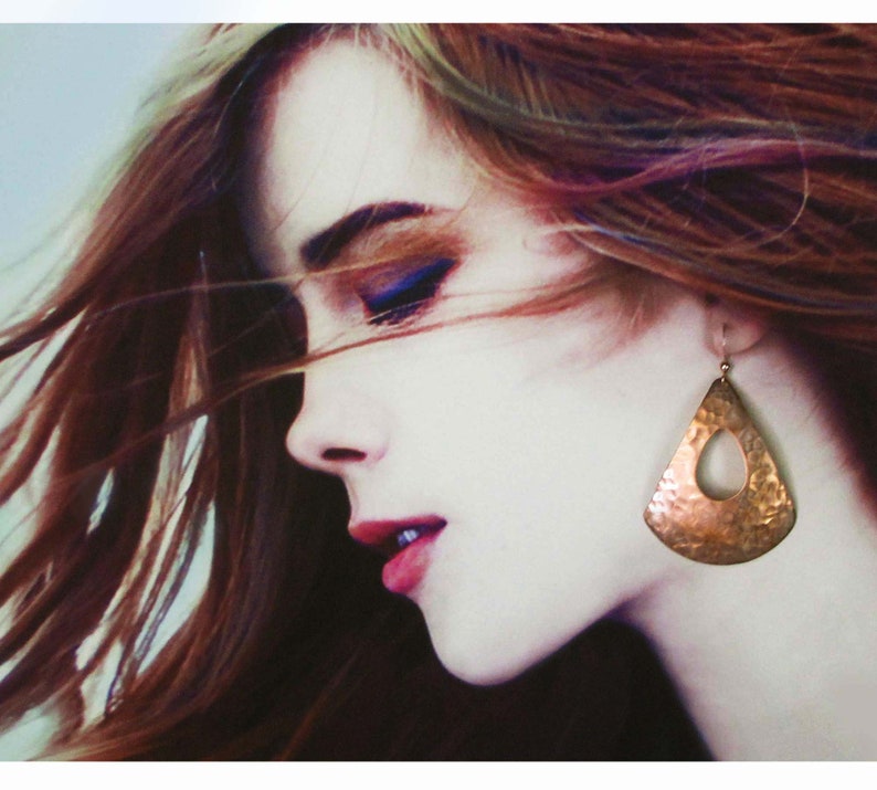 Large Hammered Copper Earrings Teardrop Triangle Dangles Modern 7th Anniversary Gift for Wife
