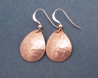 Copper Teardrop Earrings Hammered Dangles Modern 7th Anniversary Gift for Wife