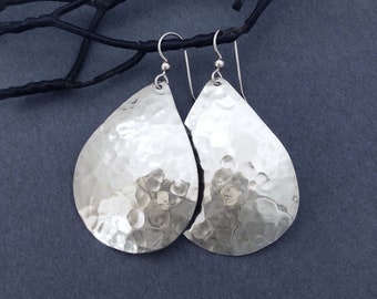 Large Shiny Sterling Silver Teardrop Earrings Hammered Big Dangles