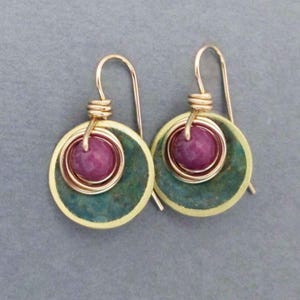 Genuine Ruby Earrings Gold Fill and Brass Verdigris Patina Dangles Unique 15th Anniversary Gift for Wife July Birthstone