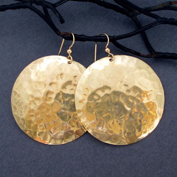 Shiny Large Gold Tone Disc Earrings in Hammered Brass Dangles and Gold Filled Ear Wires Round Modern Tribal Textured Metal Earrings