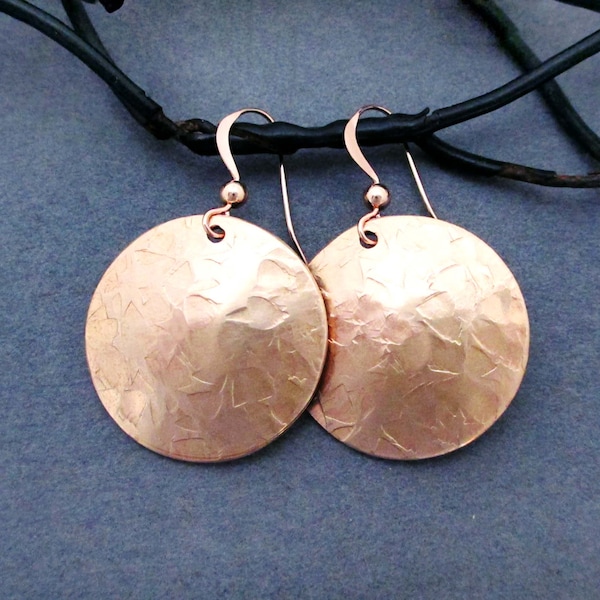 Hammered Bronze Disc Earrings Round Dangles Modern 8th Bronze Anniversary Gift for Wife