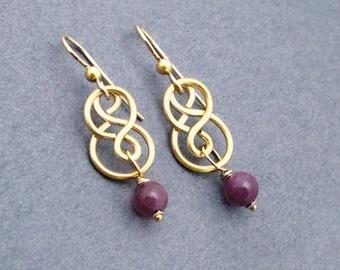 Genuine Ruby Earrings Celtic Style Gold Filled Dangles July Birthstone Gift