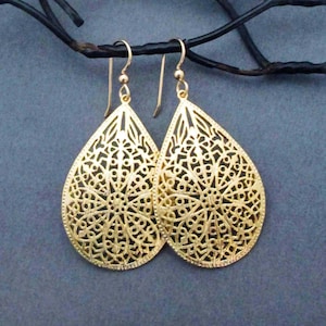 Large Gold Filigree Earrings Gold Teardrop Dangle Earrings with Gold Filled Ear Wires Handmade Arabesque Marrakech Moroccan Jewelry