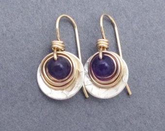 Dark Purple Genuine Amethyst Earrings Mixed Metal Sterling Silver and Gold Filled Small Dangles February Birthstone or 6th Anniversary Gift