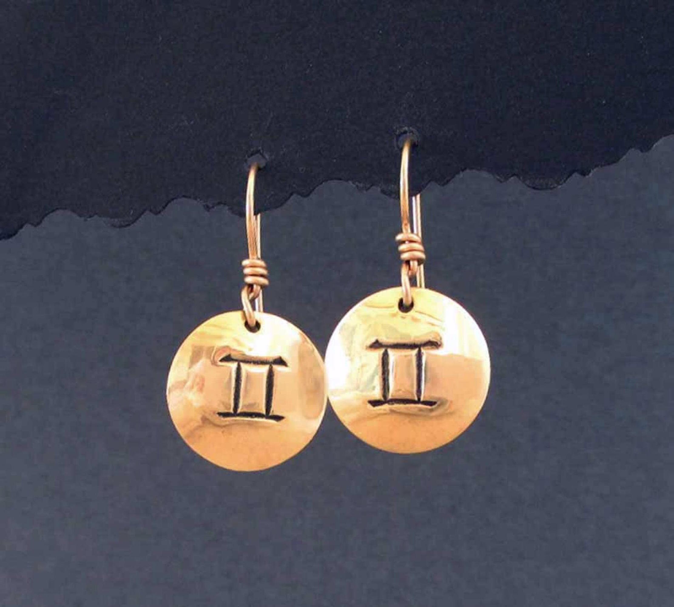 Gemini Earrings Gold Tone Brass Round Dangles Zodiac Sign Etsy UK