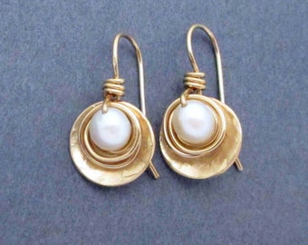 Genuine Freshwater White Pearl Earrings with Gold Tone Dangles June Birthstone Gift First Anniversary Gift for Wife